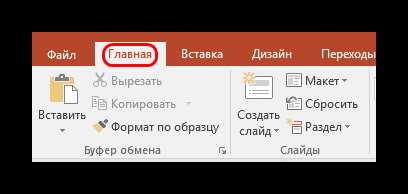 Вкладка Главная в PowerPoint