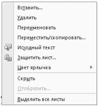Рис. 1.18. Контекстное меню ярлычков листов