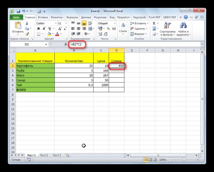 Умножение ячейки на ячейку в Microsoft Excel