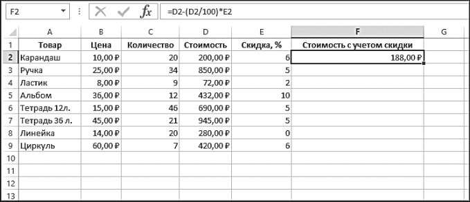 Рис. 5.42. Результат вычисления в ячейке F2