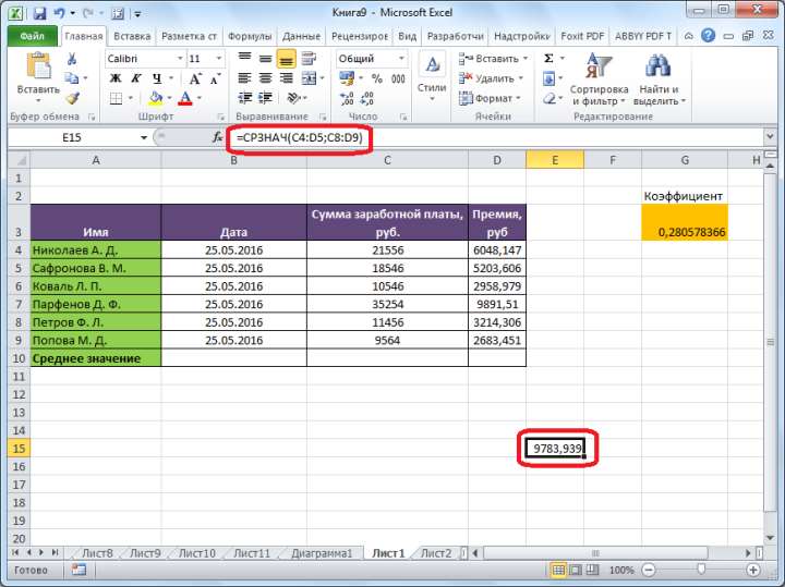 Среднее арифметическое рассчитано в Microsoft Excel