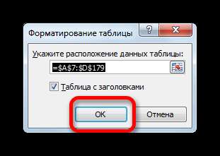 Подтверждение диапазона для создание умной таблицы в Microsoft Excel