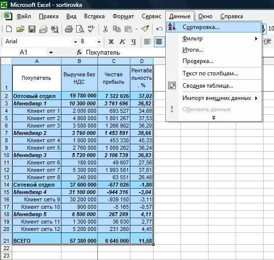 пример сортировки данных в эксель