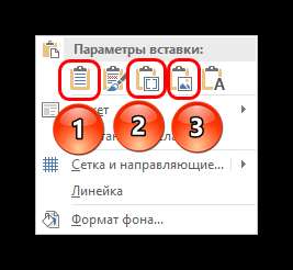 Виды вставок, нужные для вставки таблицы из Excel