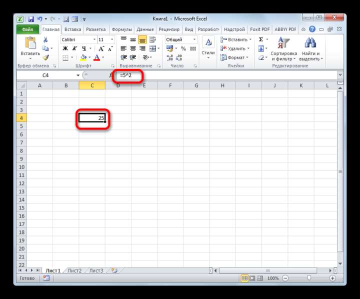 Результат вычисления квадрата числа с помощью формулы в Microsoft Excel
