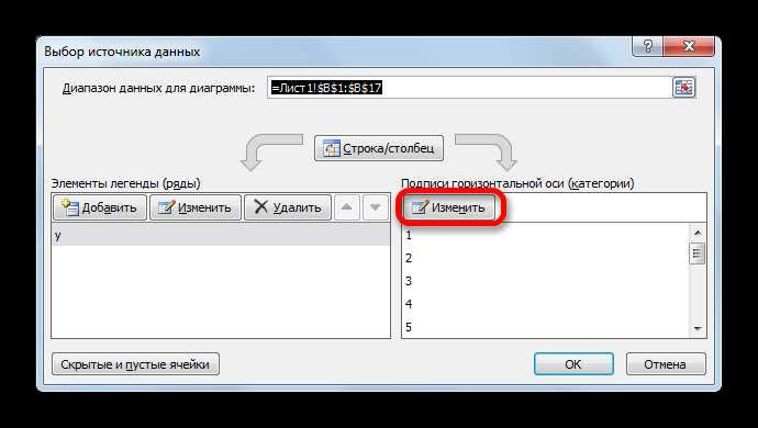 Переход к изменению подписи горизонтальной оси координат в окне выбора источника данных в программе Microsoft Excel