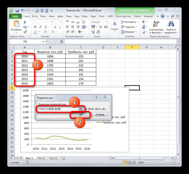 Окно изменения подписи оси в Microsoft Excel