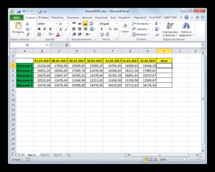 Таблица дохода магазинов в Microsoft Excel