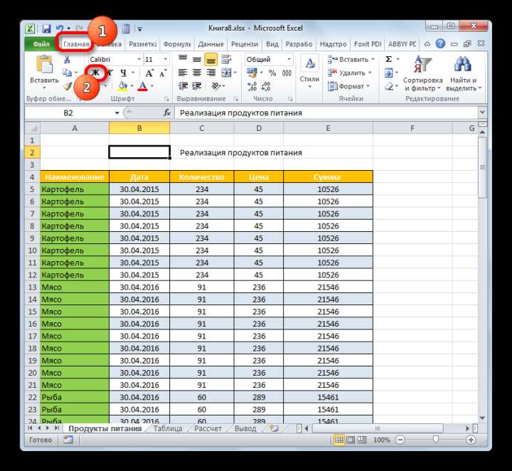 Включение полужирного шрифта в Microsoft Excel