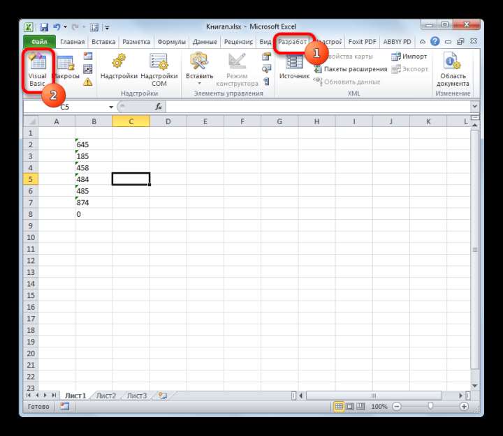 Переход в редактор макросов в Microsoft Excel
