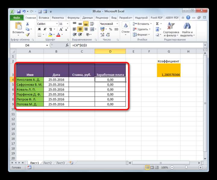 Таблица заработной платы в Microsoft Excel