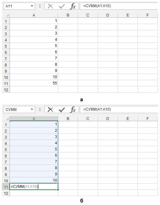 Рис. 4. Результат ввода функции суммирования в ячейку A11 при отображении результата выполнения формулы (а) и собственно формулы (б)