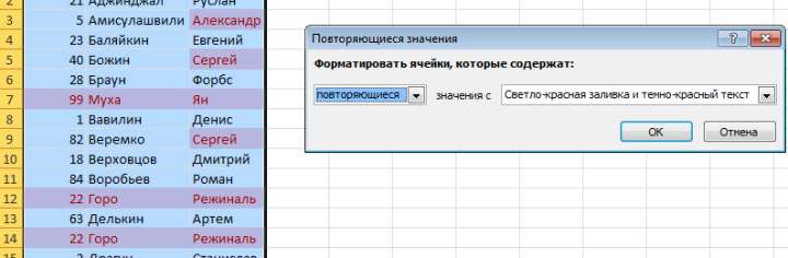 повторяющиеся значения excel