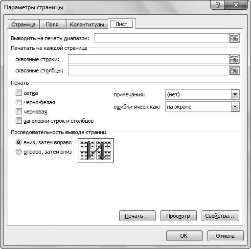 Рис. 8.4. Окно Параметры страницы, вкладка Лист