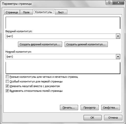 Рис. 8.5. Окно Параметры страницы, вкладка Колонтитулы
