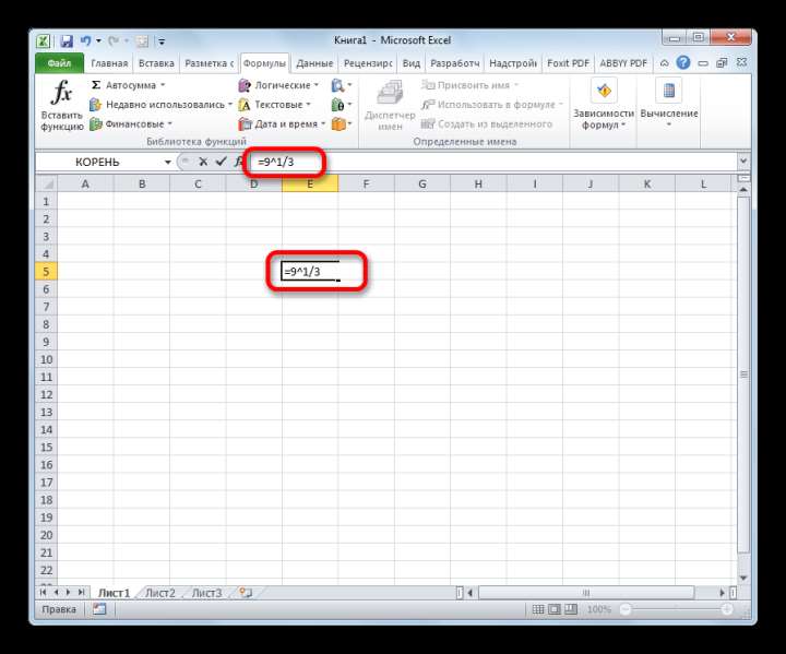 Извлечение кубического корня в Microsoft Excel