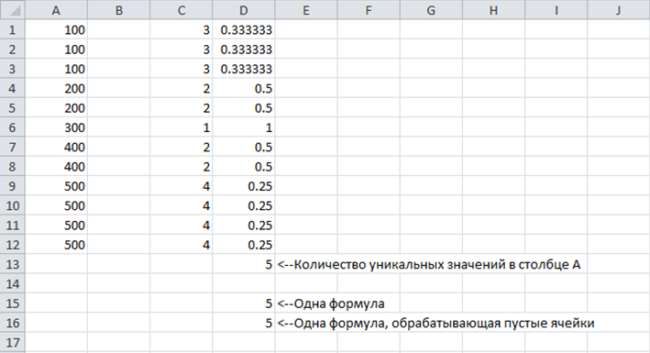 Excel количество уникальных значений в столбце