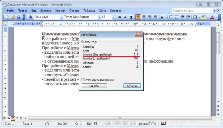 Количество знаков в Word 2003