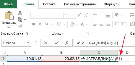 формула с функцией ЧИСТРАБДНИ