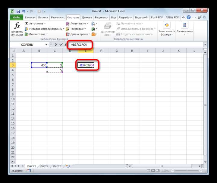 Деление чисел в ячейках в Microsoft Excel