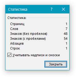 Статистика символов во фрагменте текста в Word