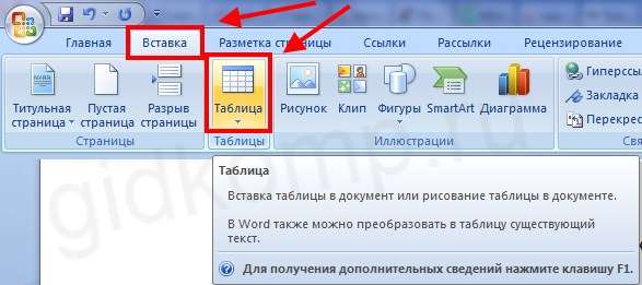 вставка таблицы