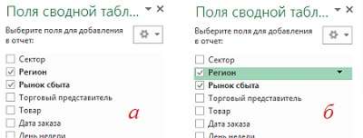 Рис. 2. Фильтрация с помощью панели Поля сводной таблицы