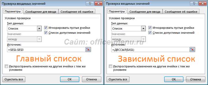 Параметры зависимых списков в excel