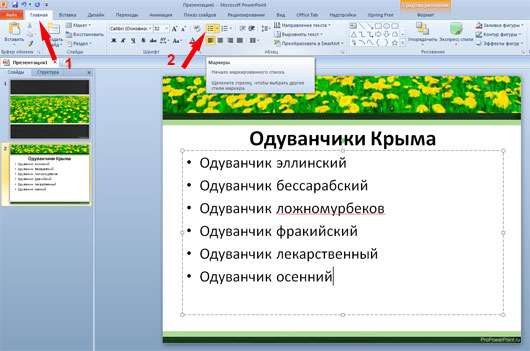 Создание маркированного списка в PowerPoint