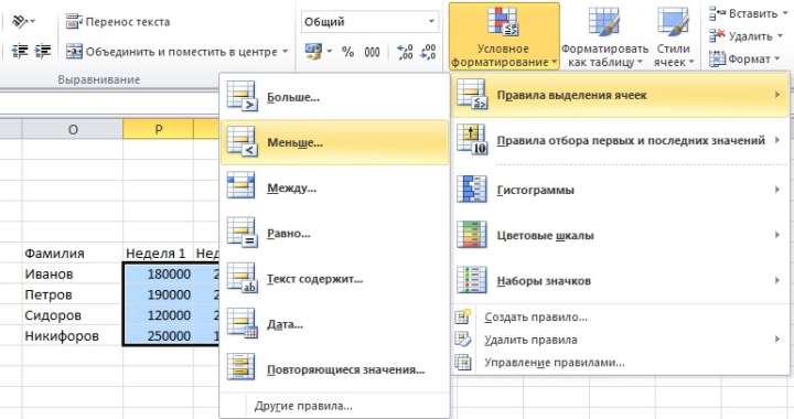 Установка цвета ячейки при помощи условного форматирования