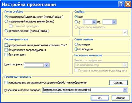 Окно диалога Настройка презентации