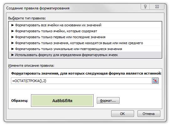 Рис. 2.5. Диалоговое окно условного форматирования с формулой для форматирования каждой второй строки в диапазоне