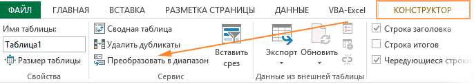 Преобразование таблицы в дипазон