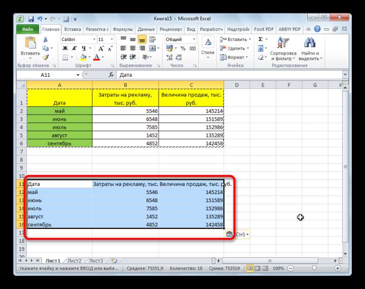 Значения вставлены в Microsoft Excel